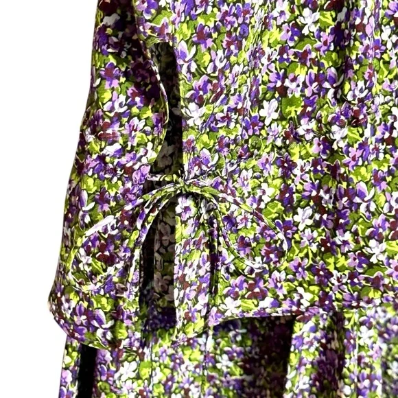 Les Reveries Ruffle Picnic Mini Floral 100% Silk Dress in Ditsy Purple Pansies - Picture 5 of 12